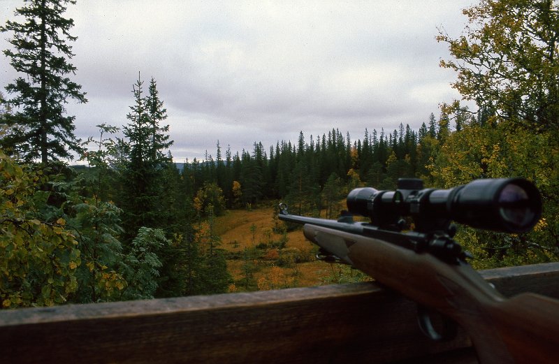 1990_30.jpg - Med rifla i anlegg oppe i tårnet som ble bygd i Furuskogmyra