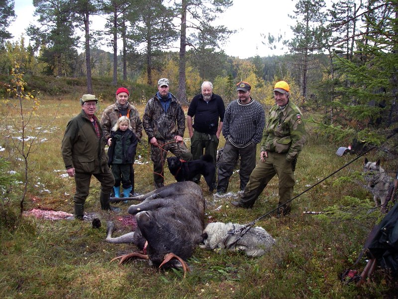 Imgp1900.jpg - Indre Venna Elgjaktlag er godt fornøyd med denne dagen. Eline (9år) står foran pappa Henrik